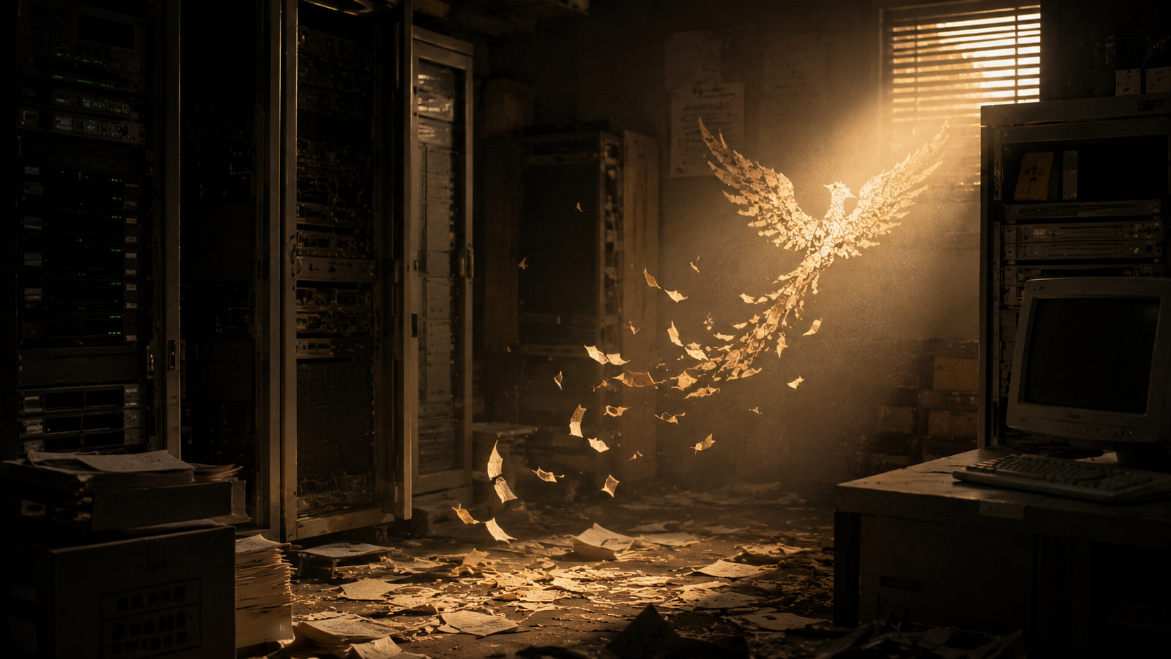 焼け跡のサーバールームからフェニックスが立ち上がるJmail Phoenixの象徴的イメージ